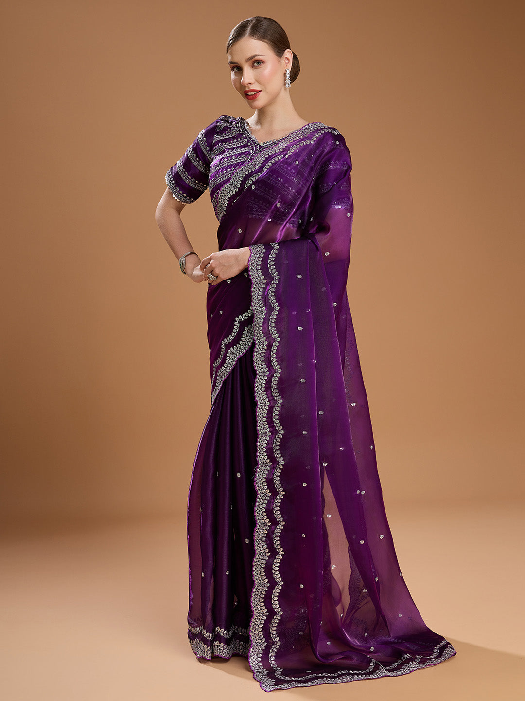 Party wear purple embroidered saree