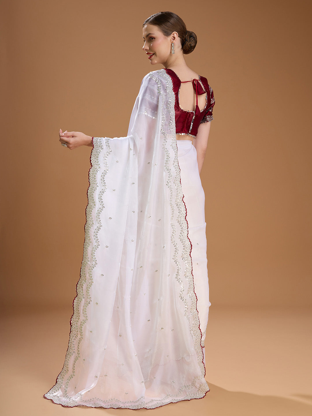 Back View of White Jimmy Choo Saree with Sequin Embroidered Border
