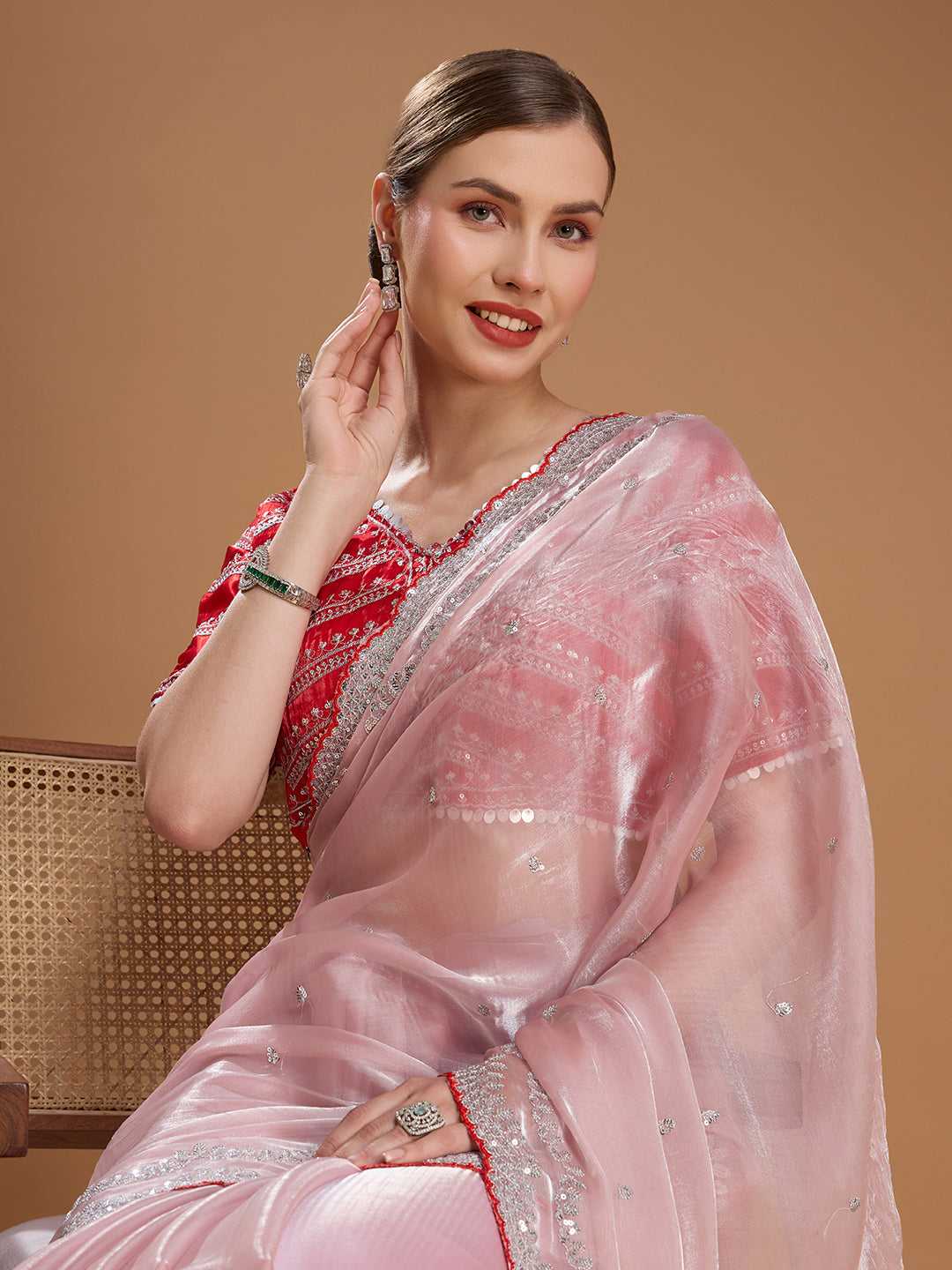 Soft pink sequin saree for weddings