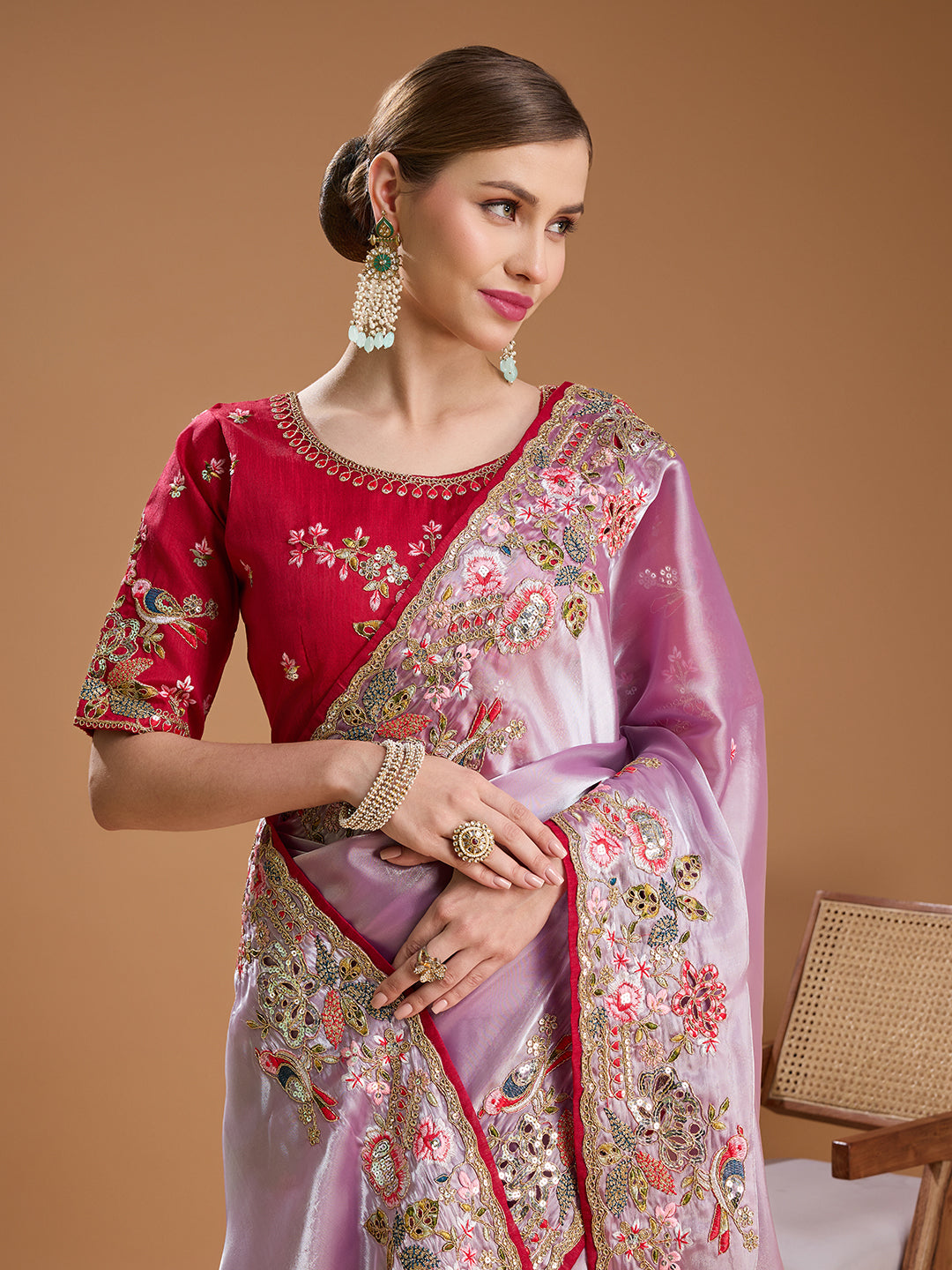 Lavender saree with red blouse and sequin work