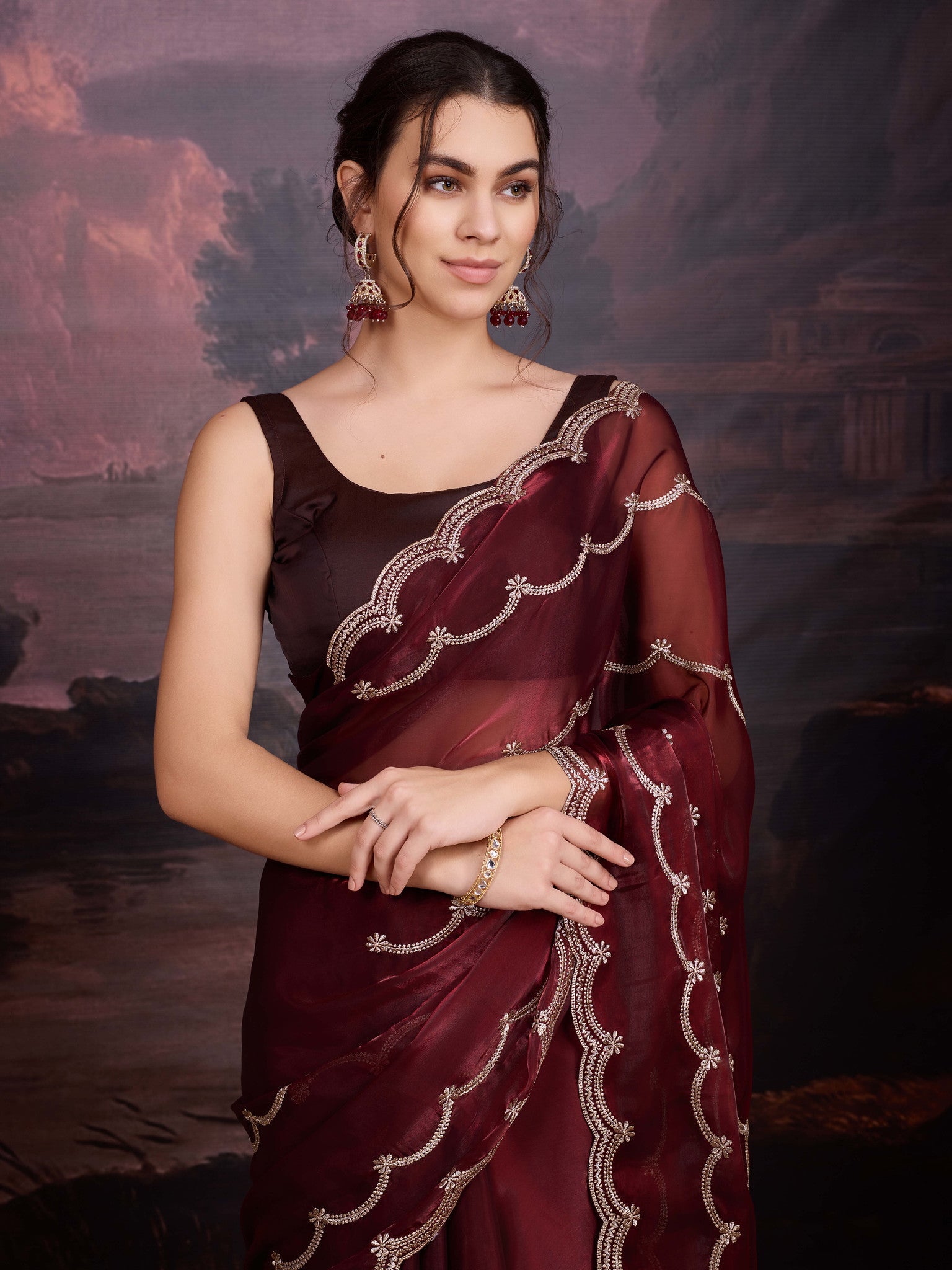 Maroon party wear saree with embroidery