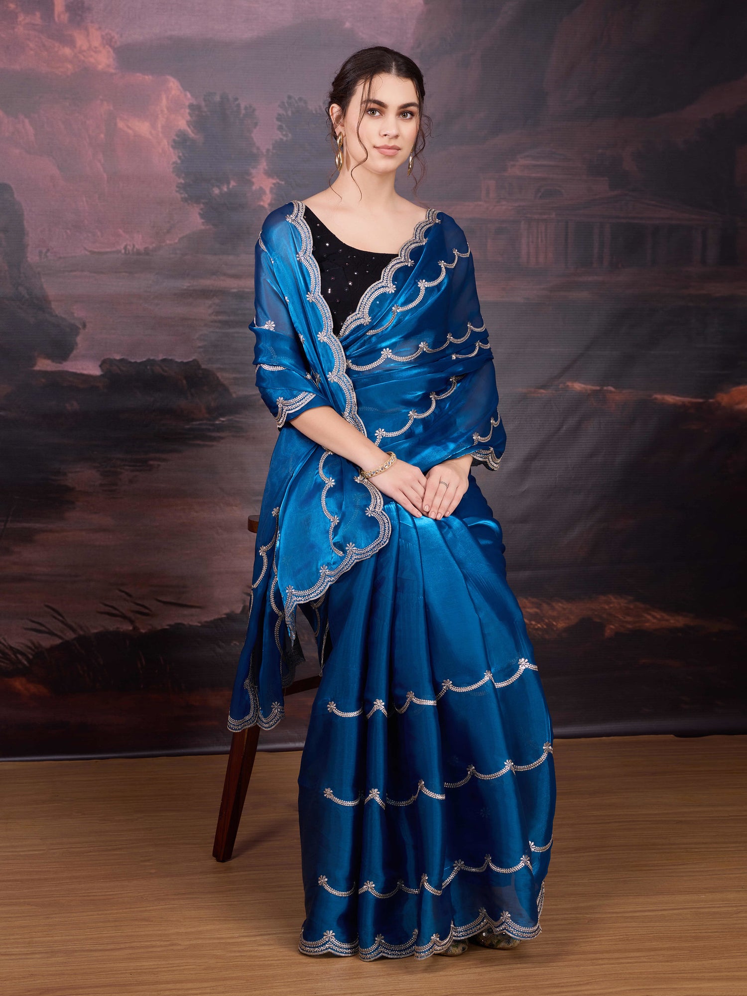 Designer embroidered saree in blue