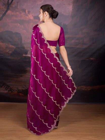 Wedding saree in wine shimmer fabric