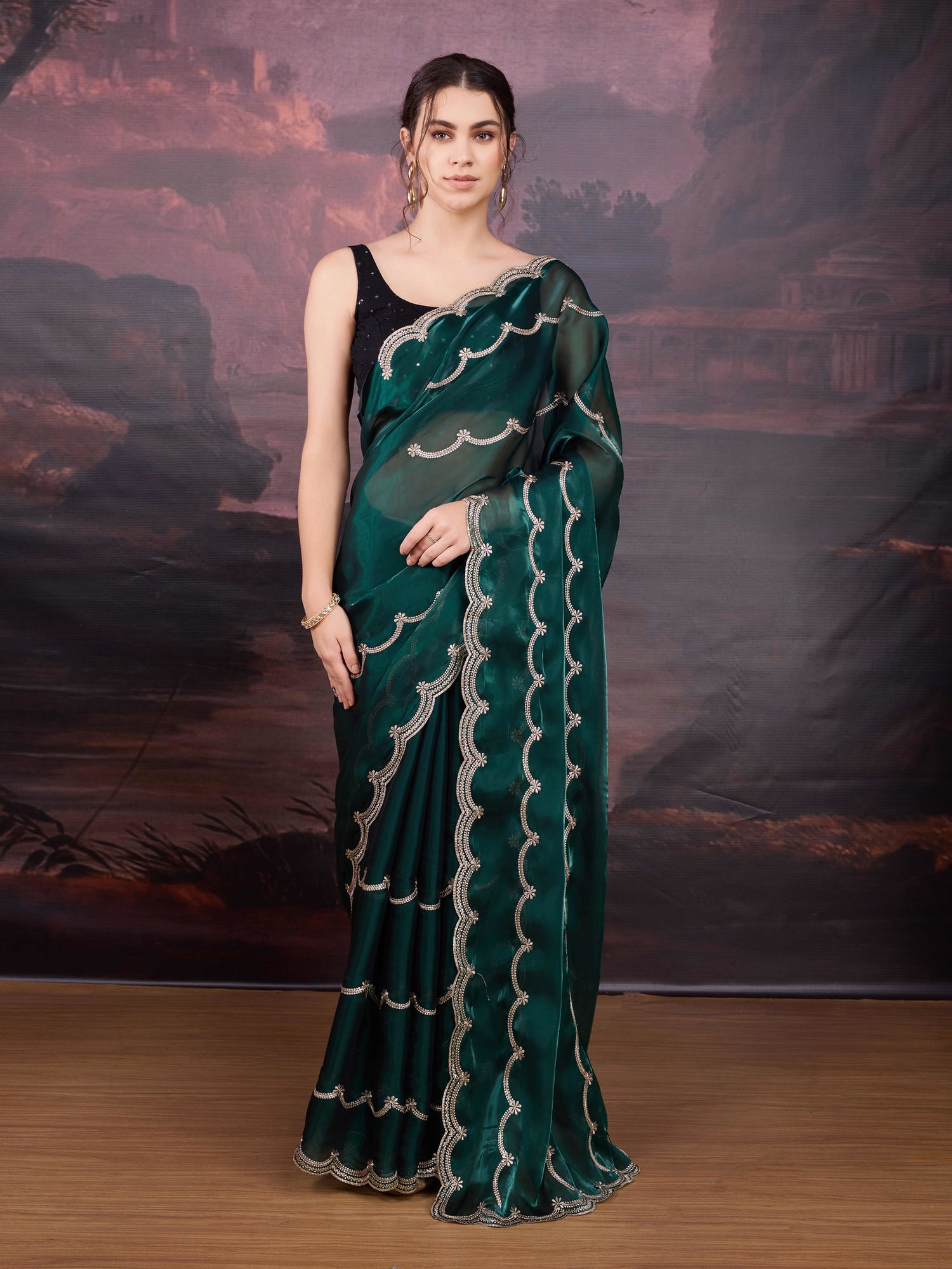 Green party wear saree in Jimmy Choo fabric