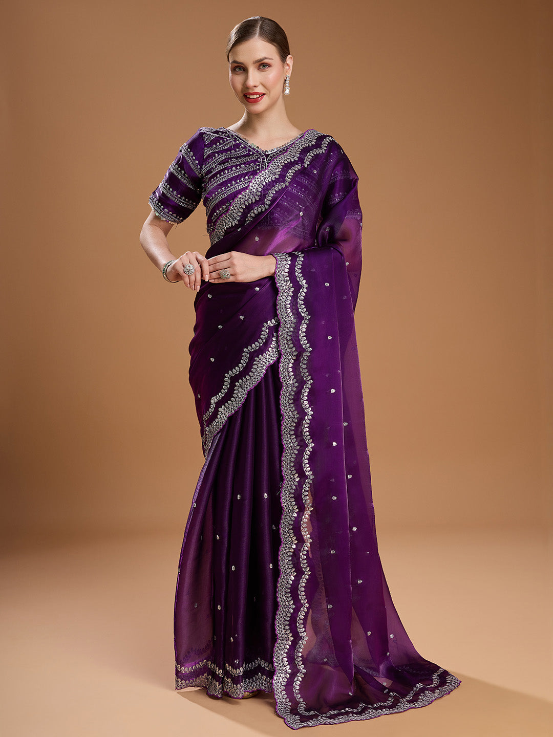 Purple sequin work saree with designer blouse