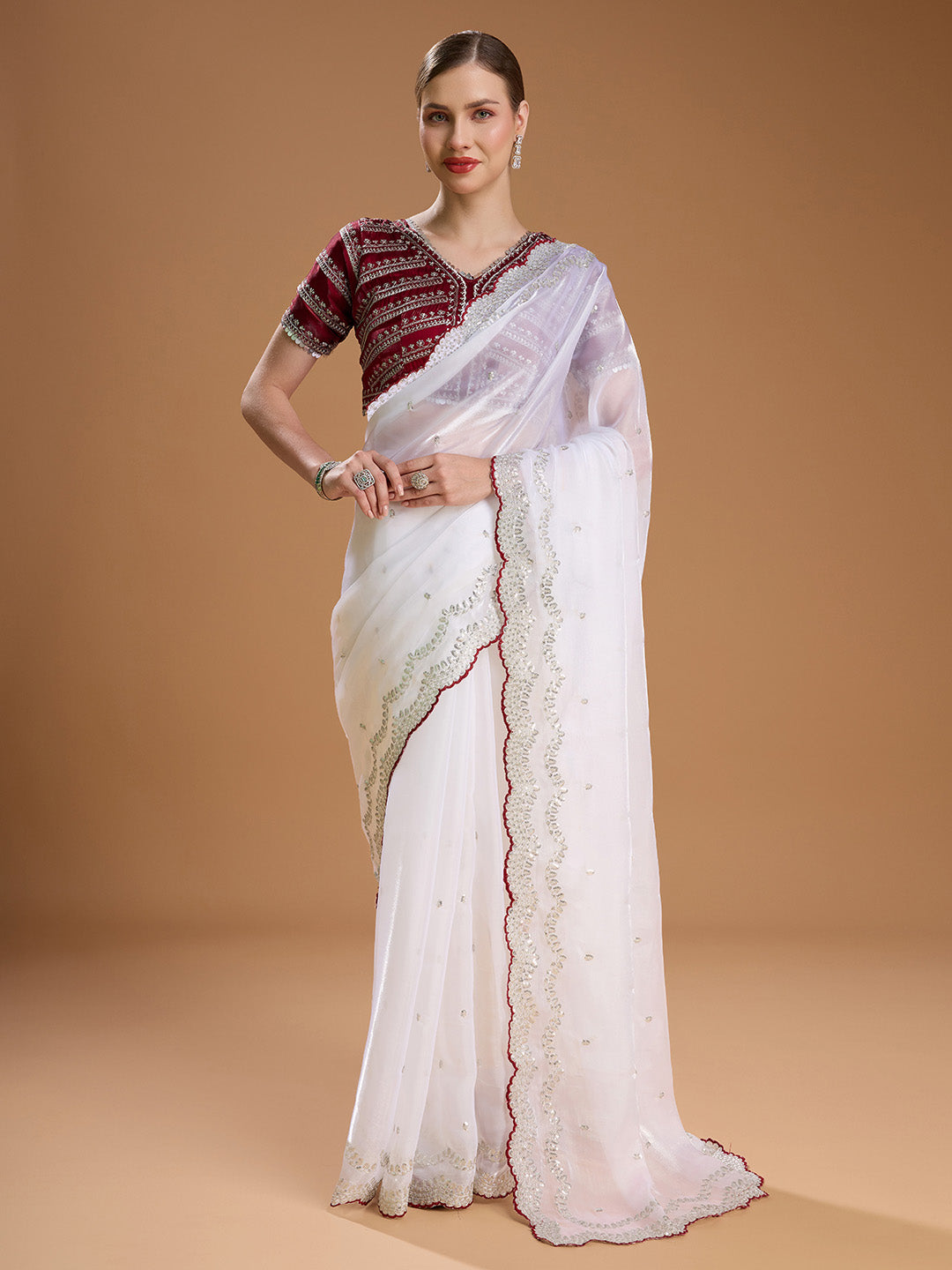 Elegant white and maroon saree for women