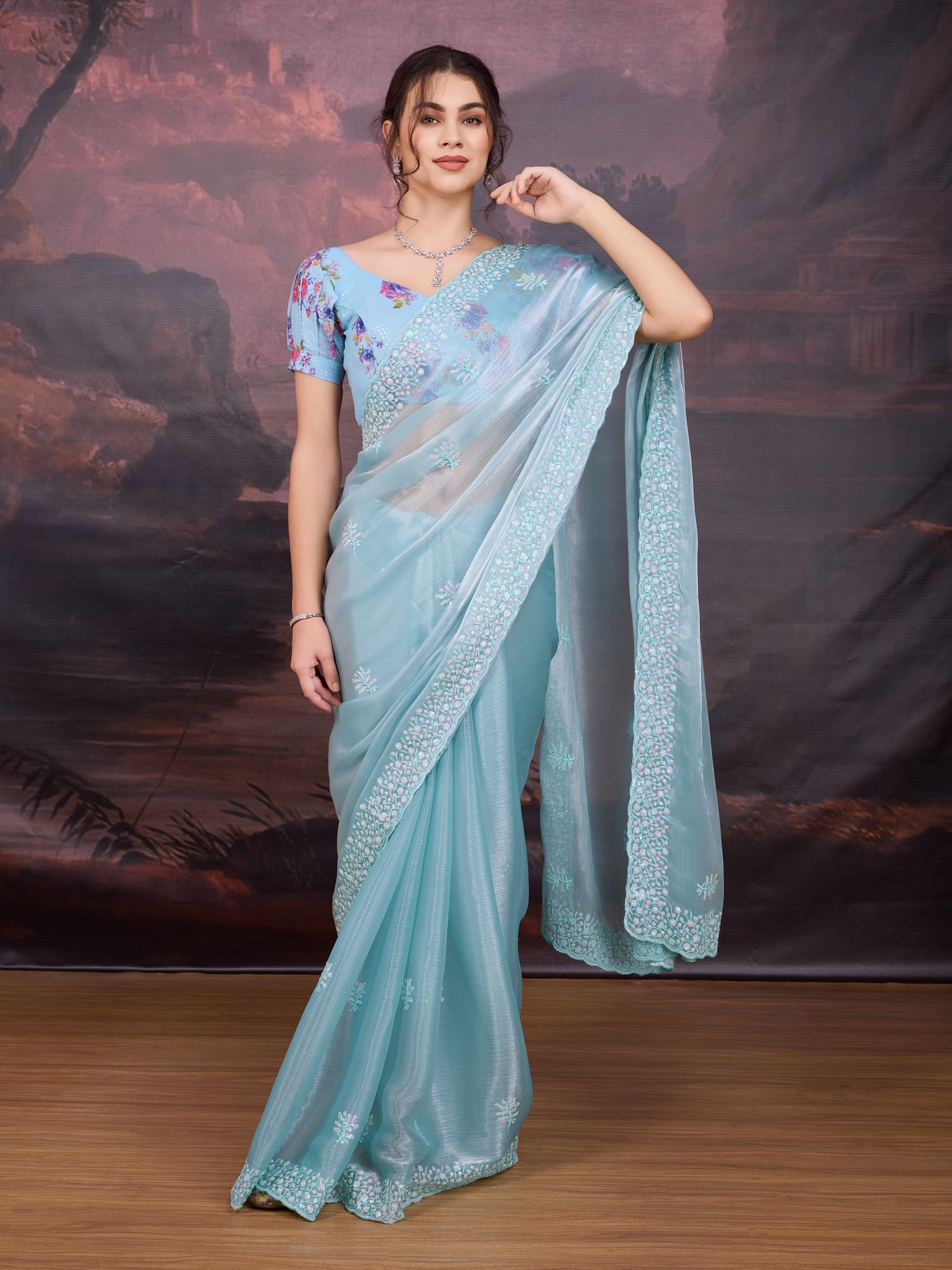 Sky blue Jimmy Choo saree with sequin embroidery