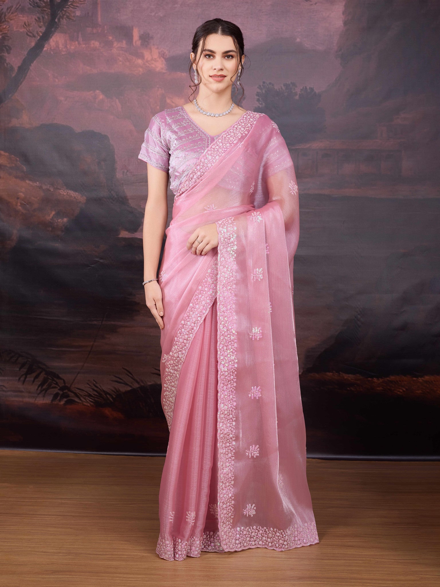 Baby pink Jimmy Choo saree with sequin embroidery