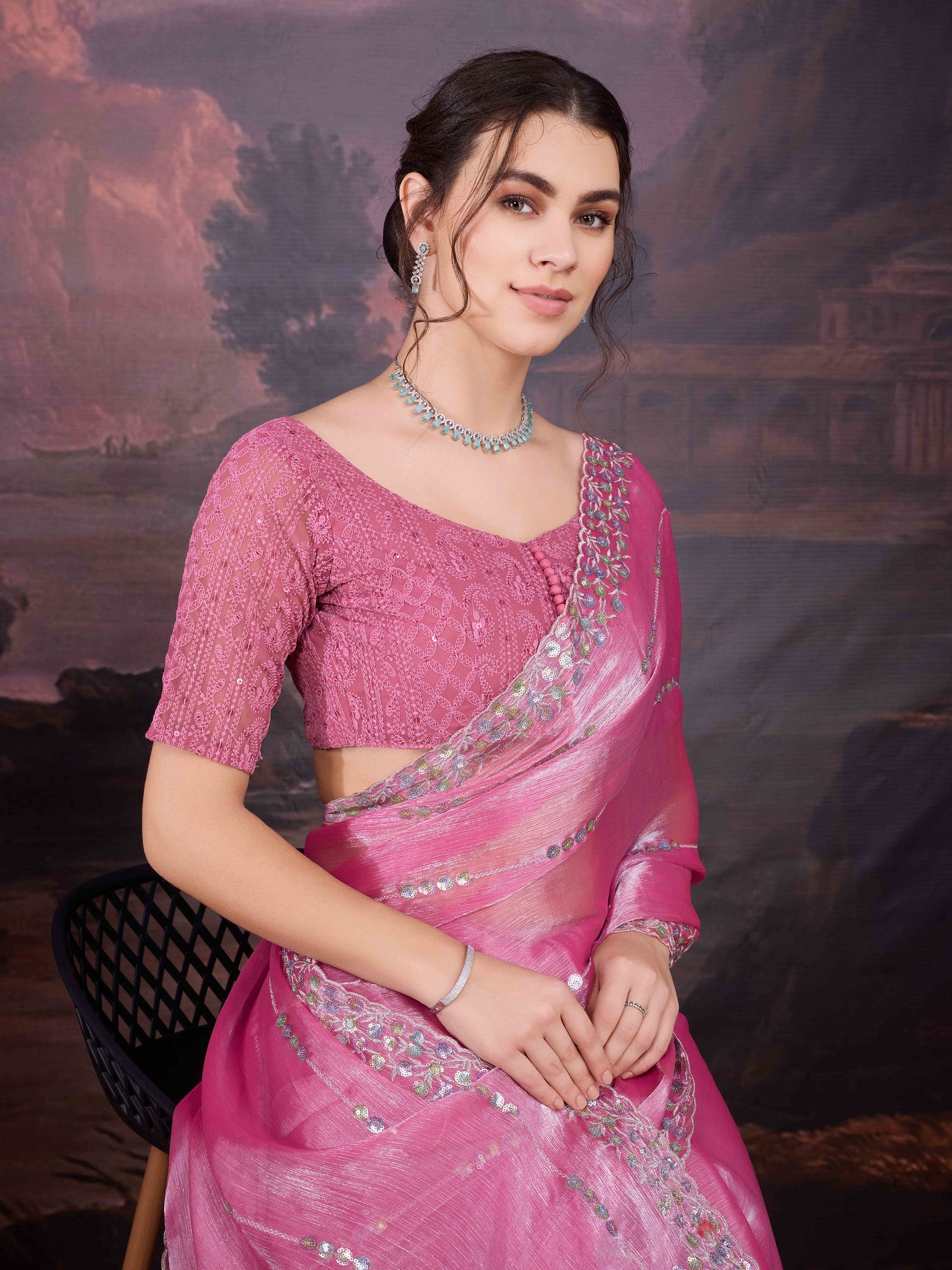 Designer pink saree for festive wear