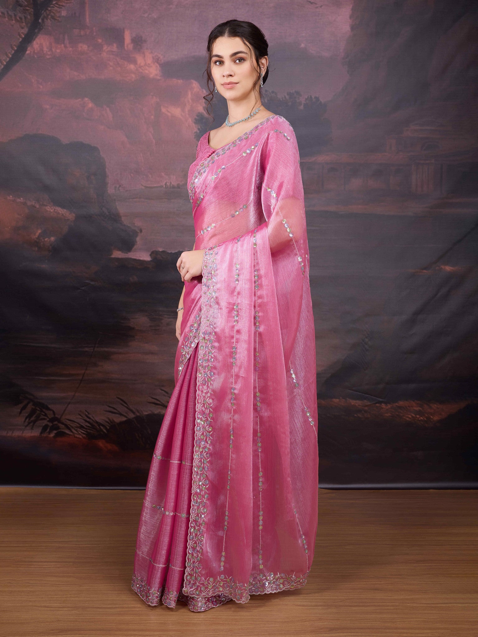 Pink embroidered saree with silk blend blouse