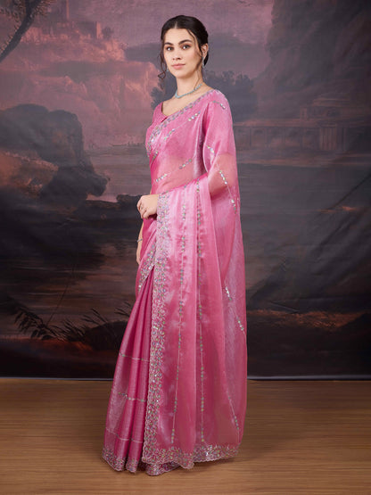 Pink embroidered saree with silk blend blouse
