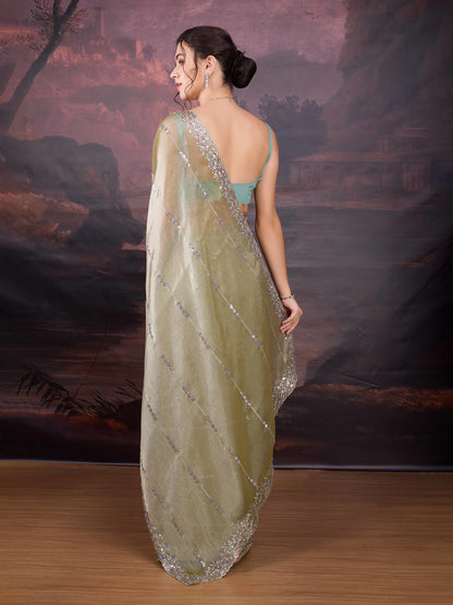 Sequin embellished olive green designer saree