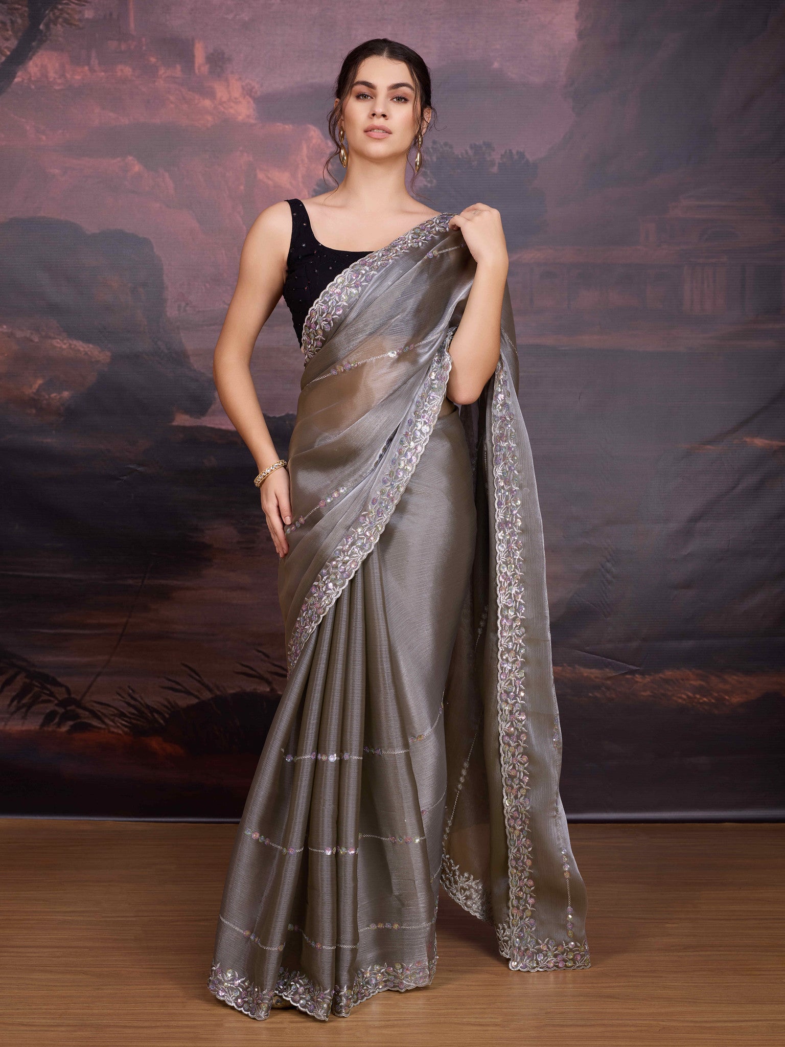 Elegant grey saree for party and cocktail