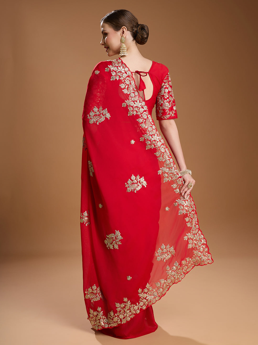 Back View of Red Jimmy Choo Saree with Heavy Embroidery