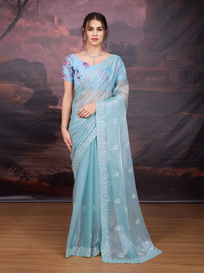 Elegant sky blue sequin saree for wedding functions