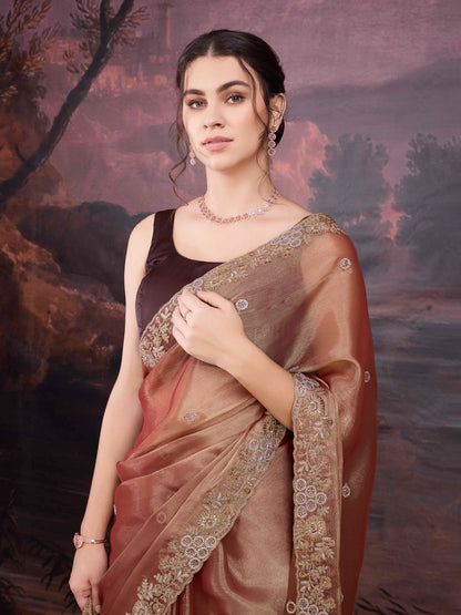 Elegant brown designer saree with shimmer and sparkle