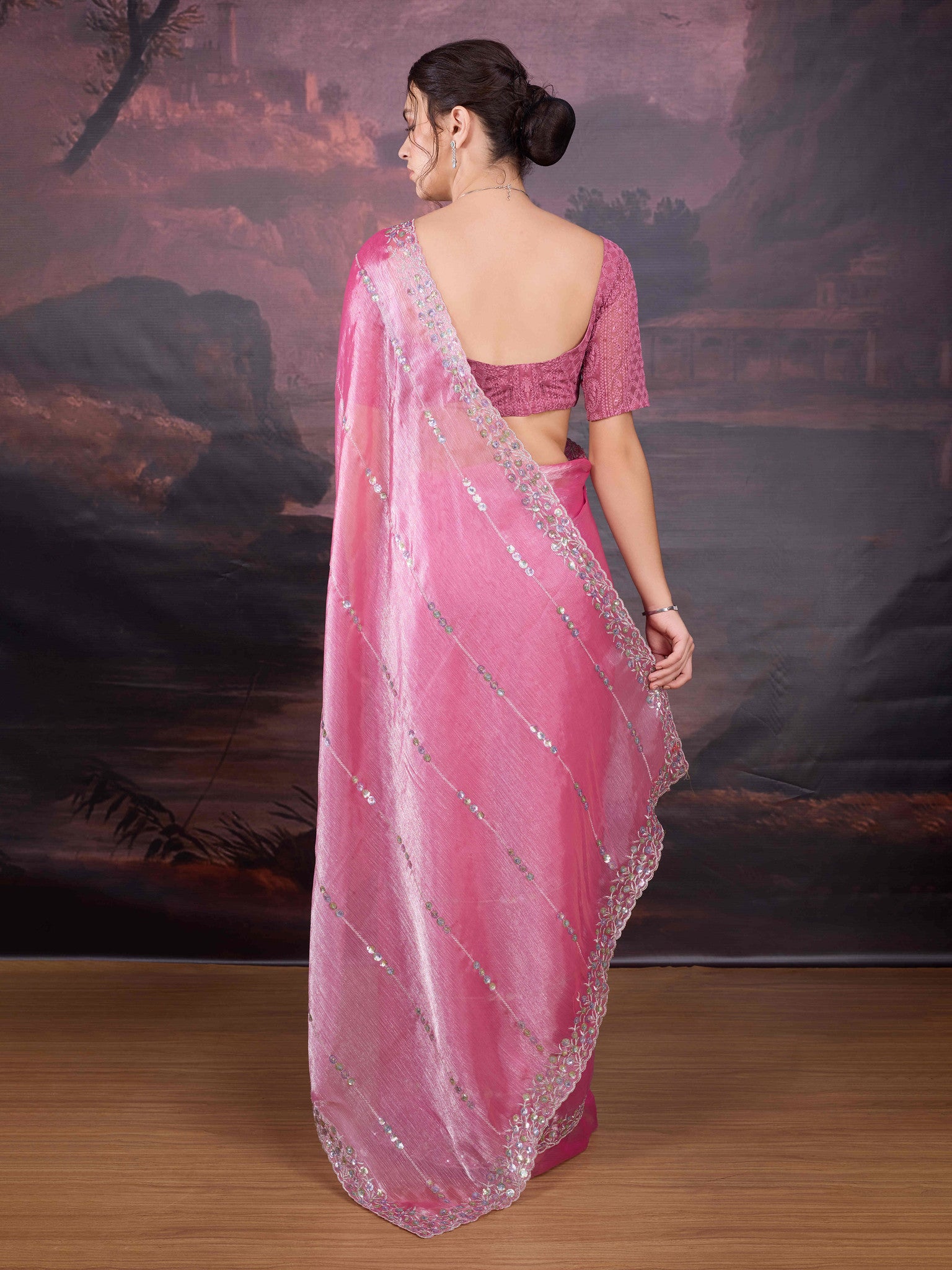 Back View of Sequin embellished pink saree