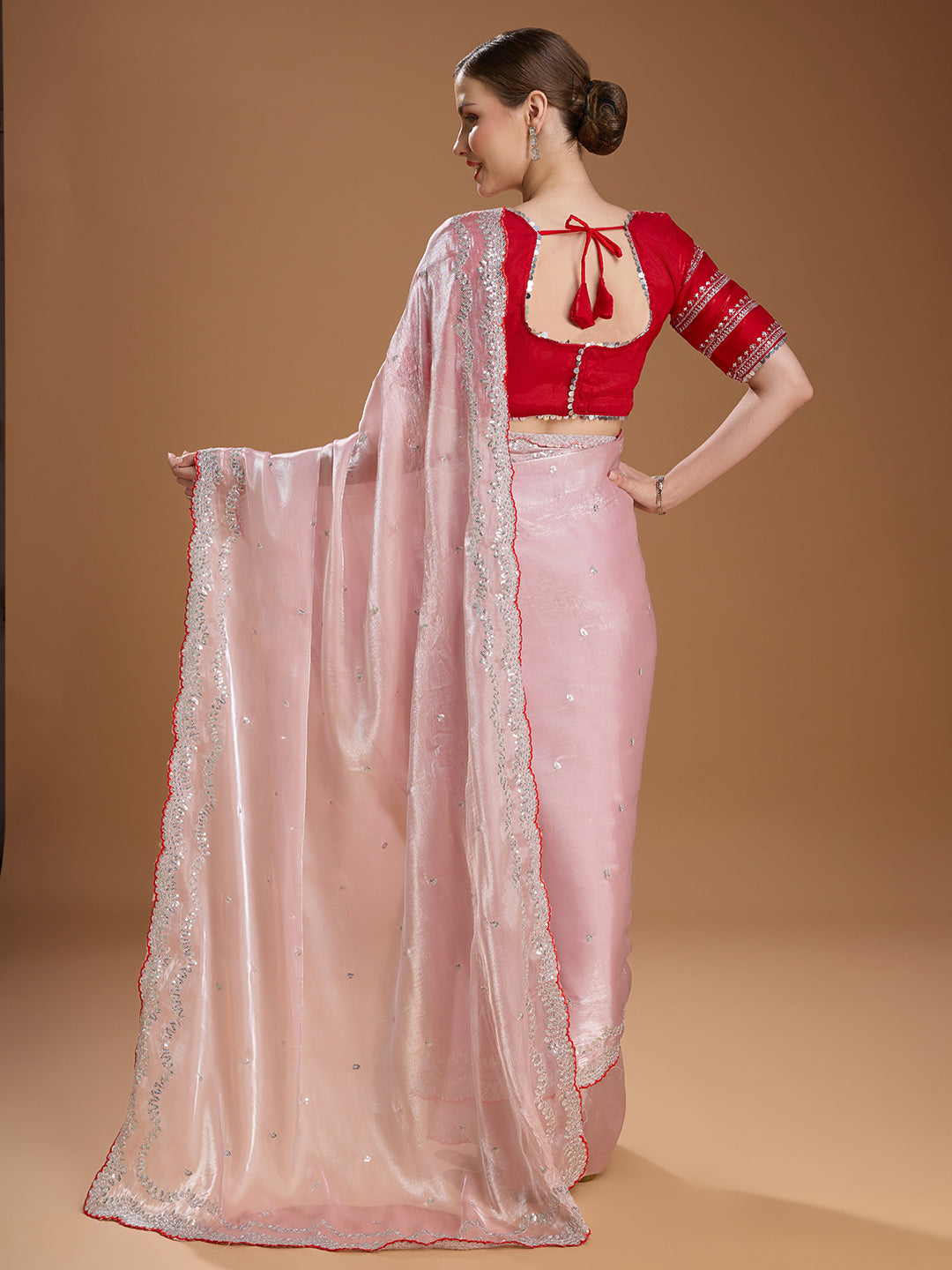 Back View of Baby Pink Jimmy Choo Saree with Sequin Embroidery