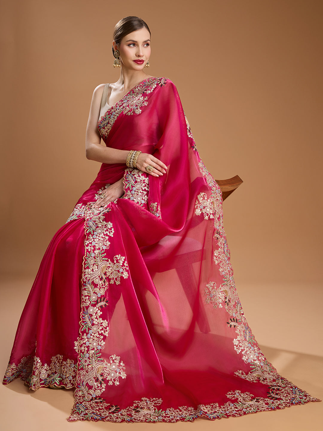 Traditional saree with multicolored coding thread work