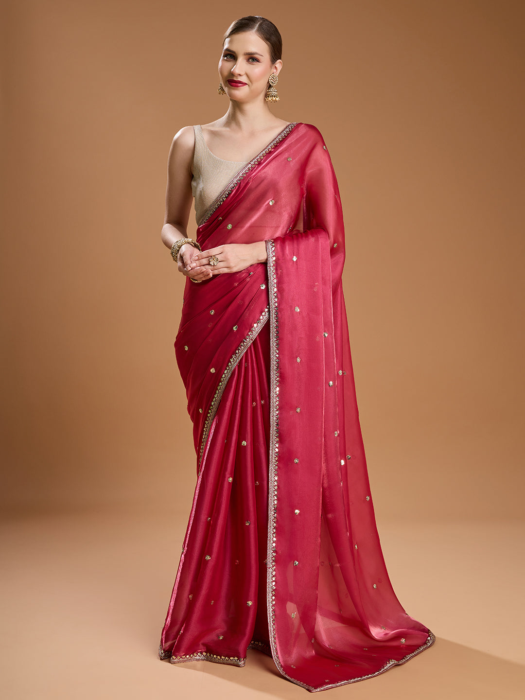 Jimmy Choo fabric saree in deep pink for reception and cocktail