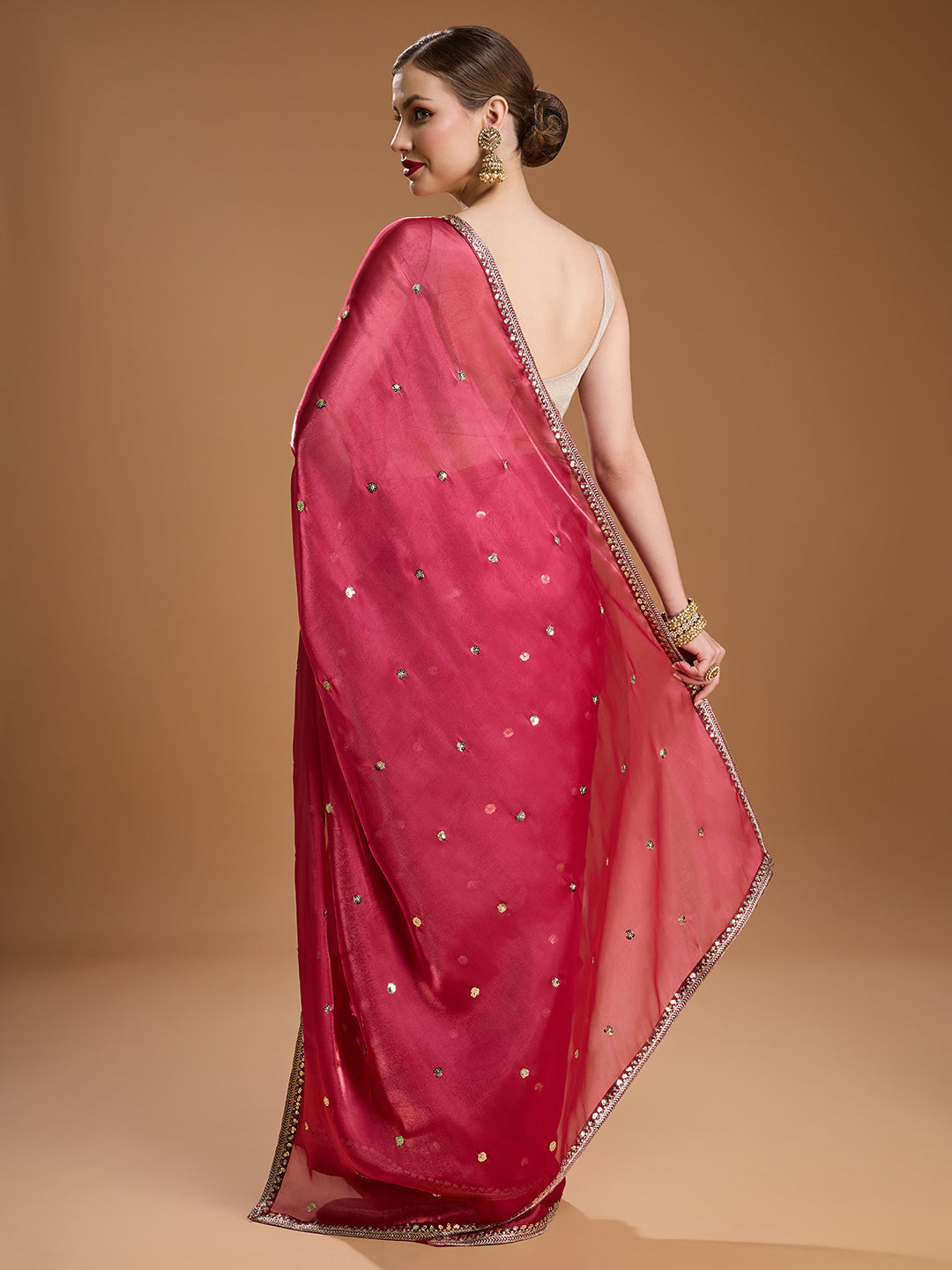 Designer party wear pink saree with silk blend blouse