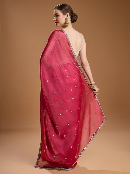 Designer party wear pink saree with silk blend blouse