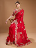 Wedding wear red embroidered saree with blouse

