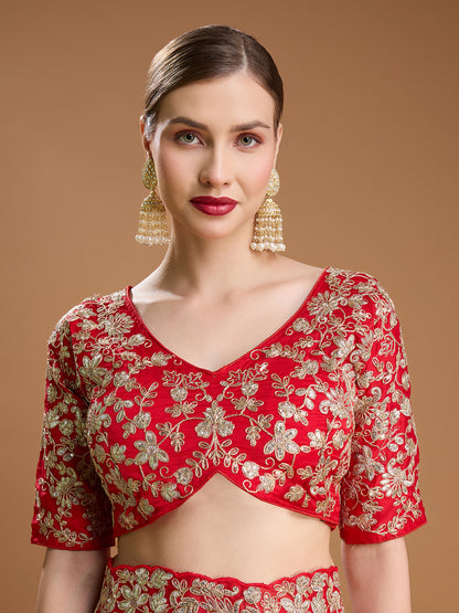 Elegant festive red saree in luxurious Jimmy Choo material

