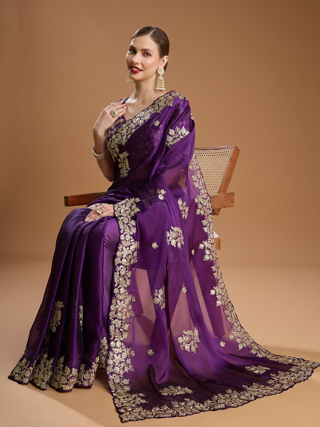 Elegant purple saree for reception in Jimmy Choo material

