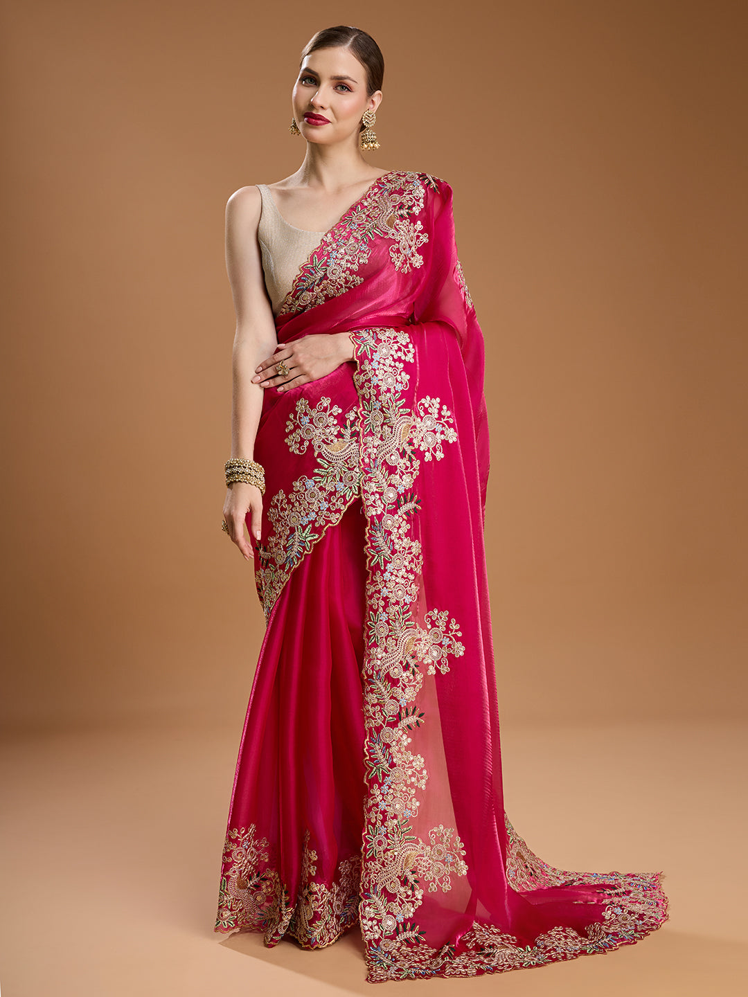 Magenta Jimmy Choo saree with embroidery and coding work