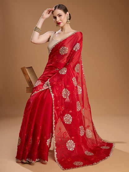 Heavy embroidered red saree in Jimmy Choo fabric