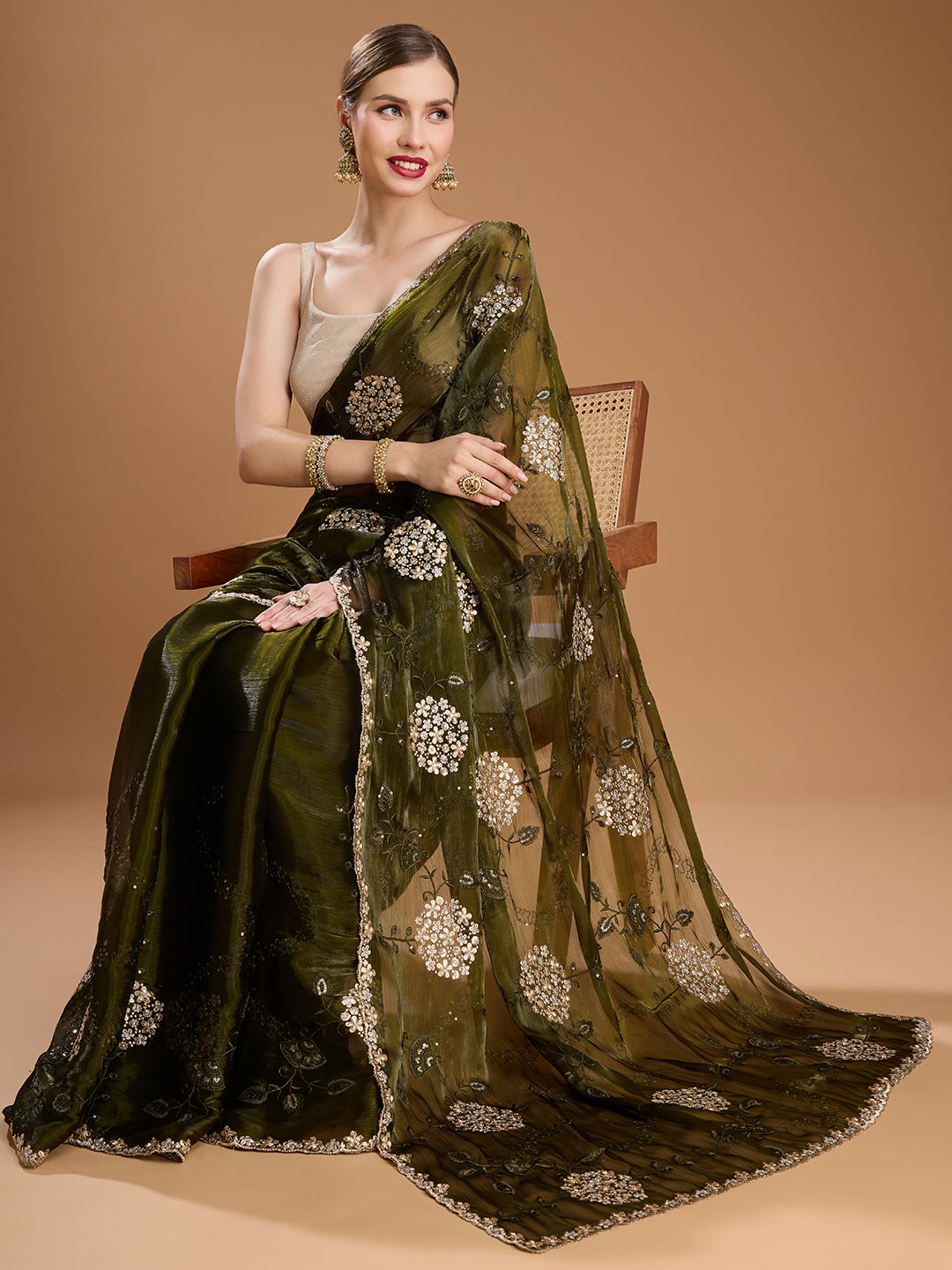Elegant Jimmy Choo fabric saree in olive shade