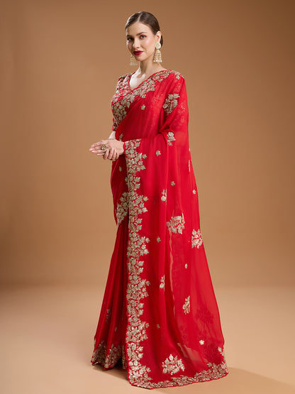 Traditional red saree in Jimmy Choo fabric

