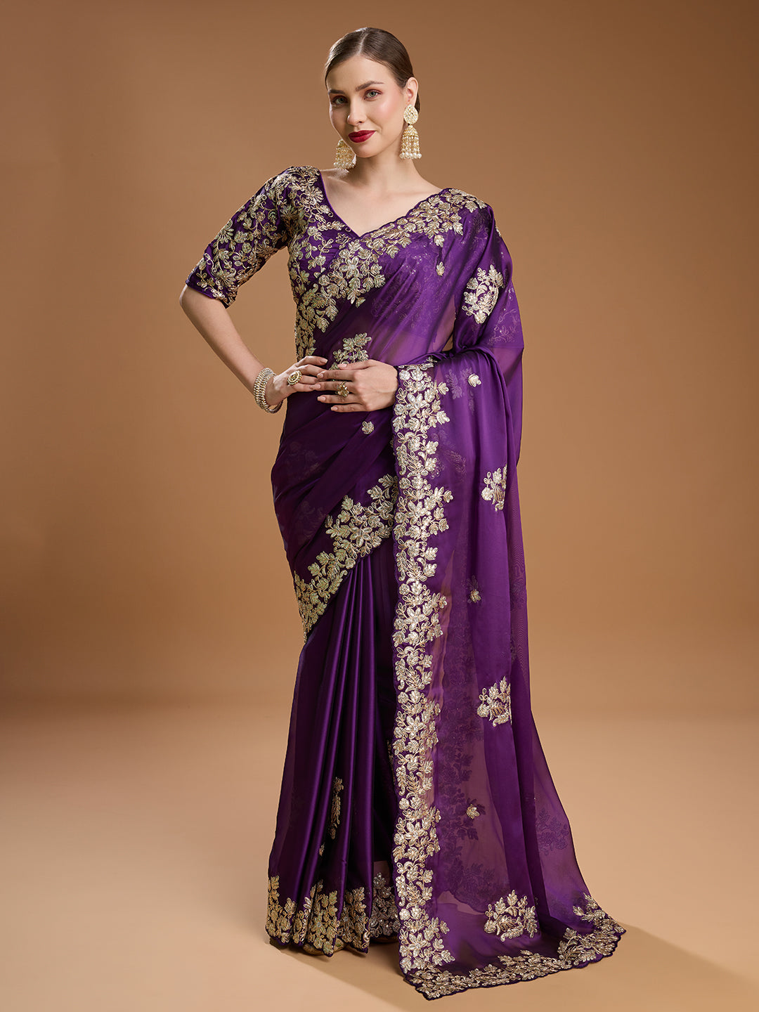 Purple Jimmy Choo saree with golden embroidery for wedding

