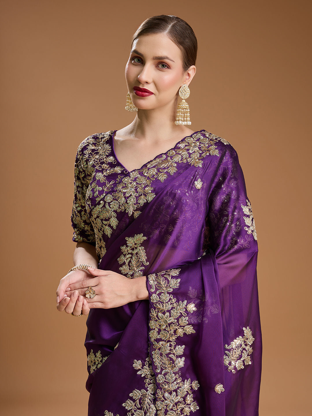 Designer embroidered purple saree in Jimmy Choo fabric

