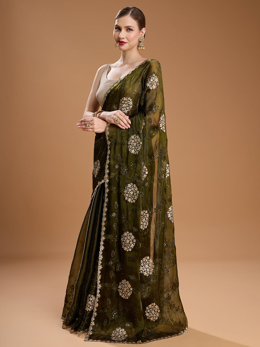Olive green ethnic saree with matching blouse