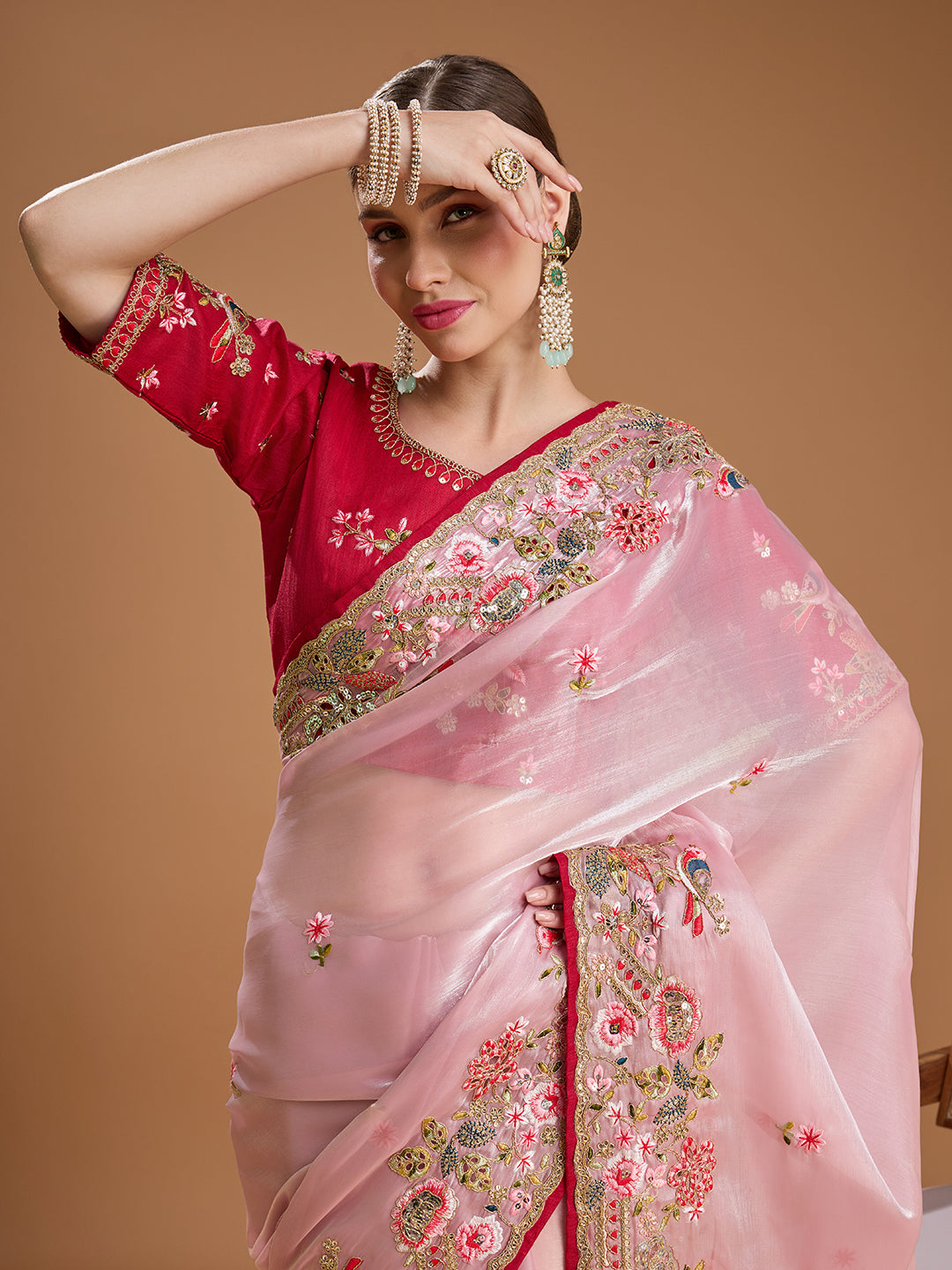 Bridal pink saree with sequin and coding work