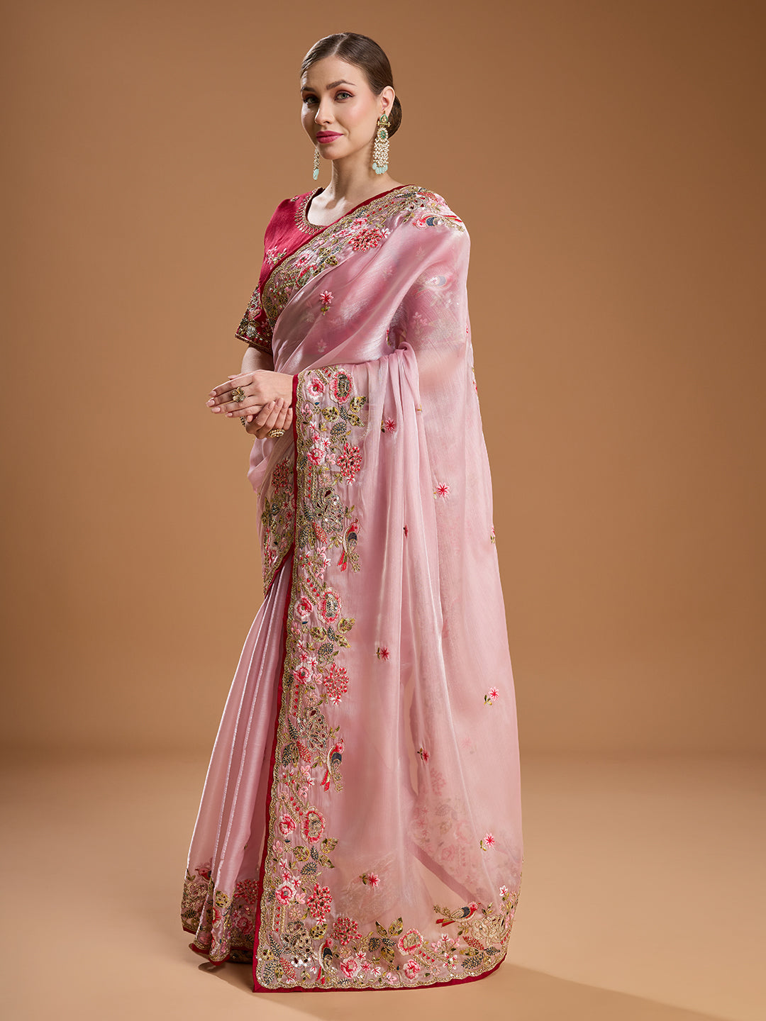 Elegant baby pink wedding saree online