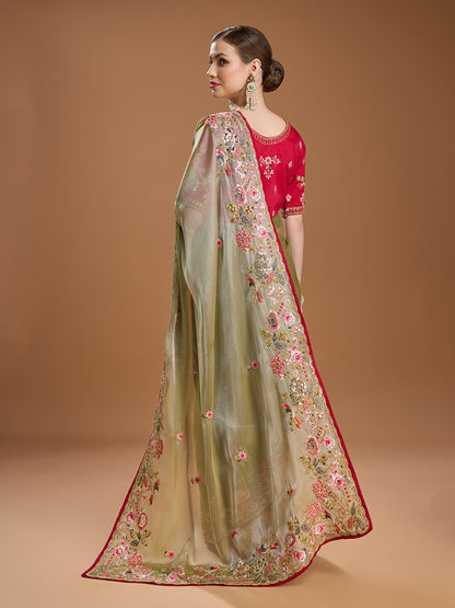 Olive saree with red silk blend blouse embroidery