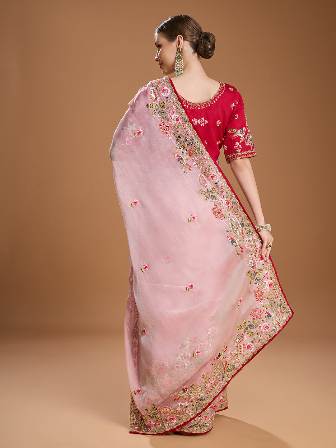 Back View of Baby Pink Jimmy Choo Saree with Sequins Work