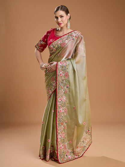 Olive green Jimmy Choo saree with red blouse