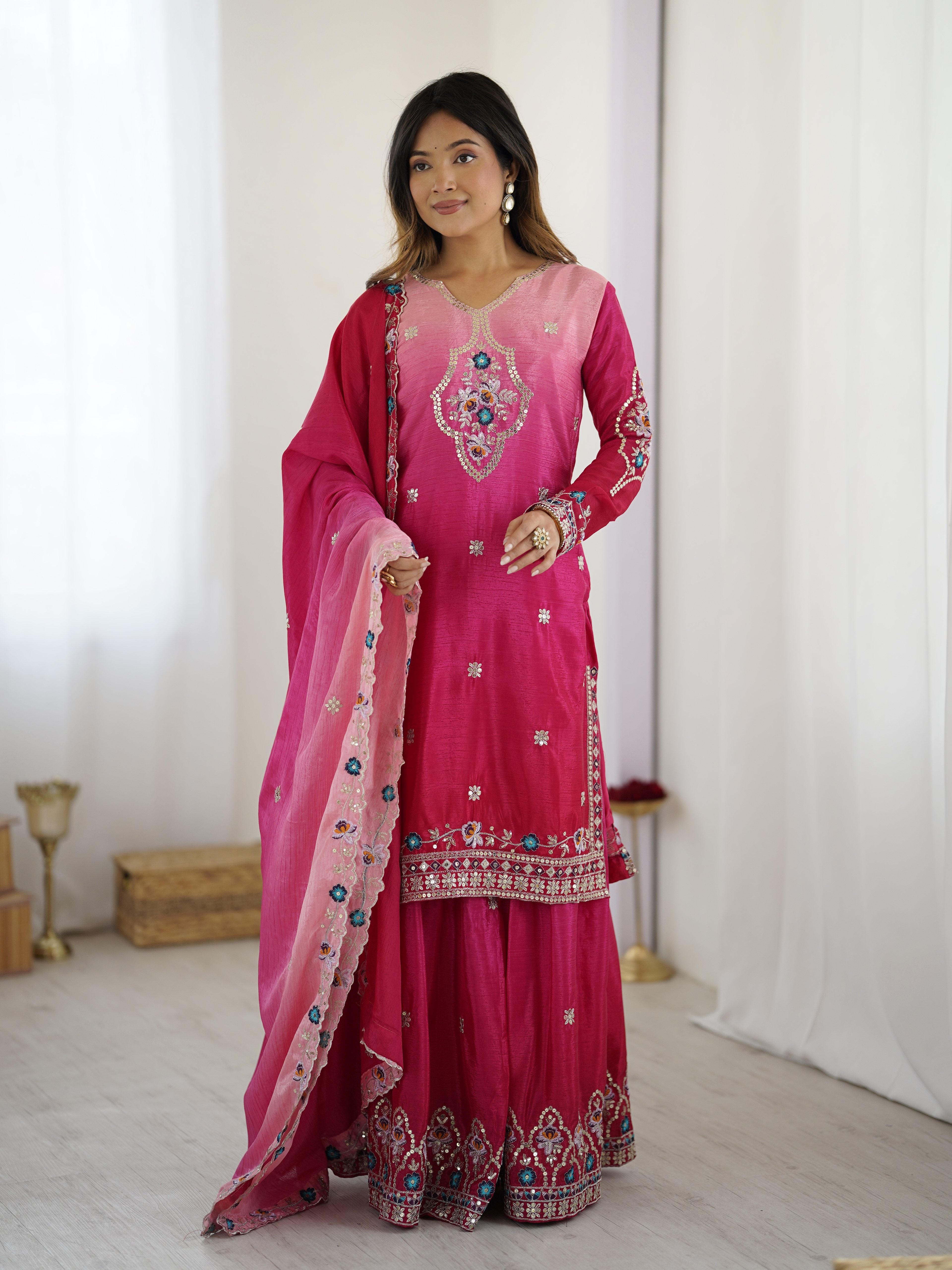 Baby pink sharara suit for haldi and mehndi function