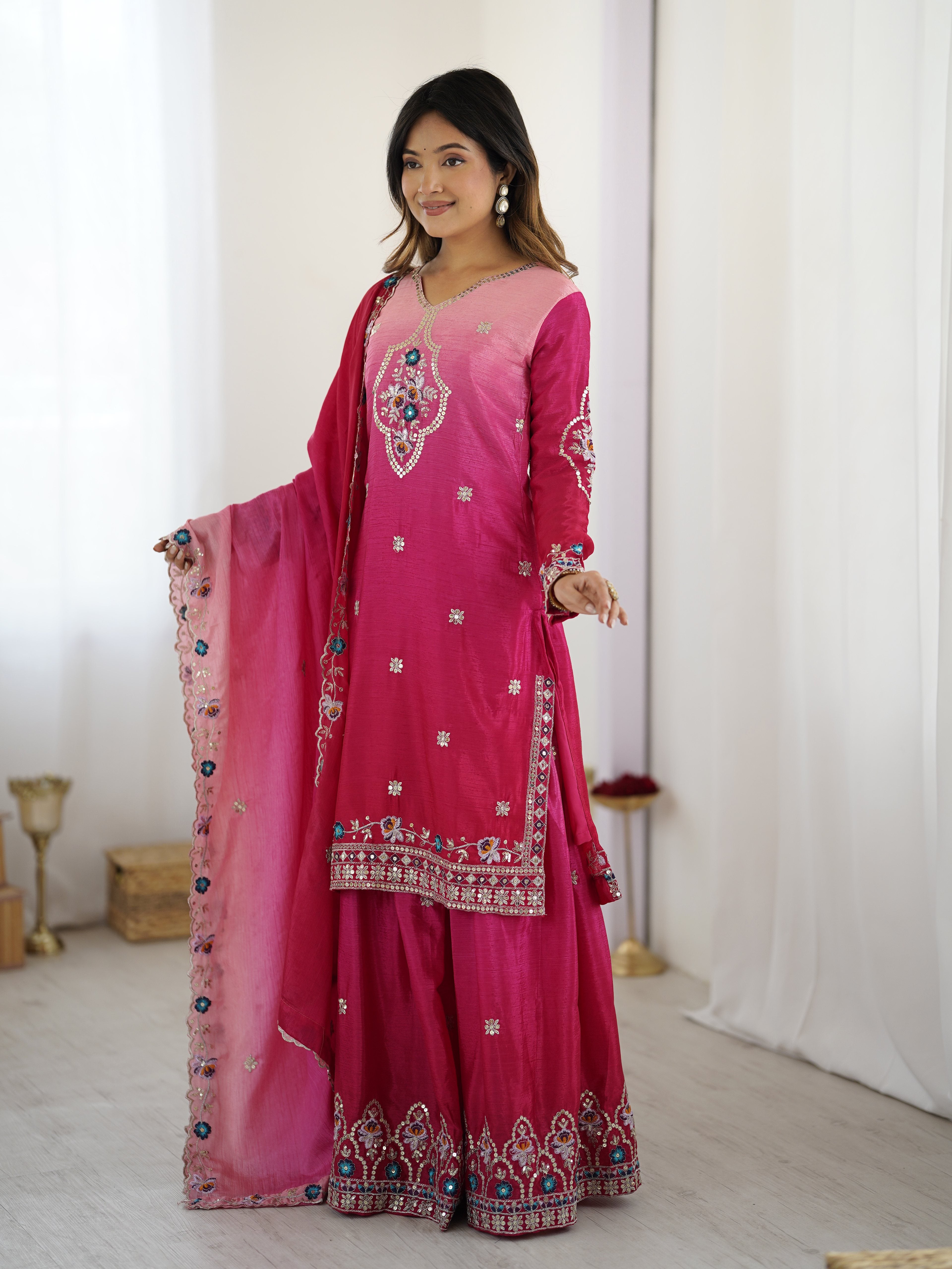 Pink sharara suit set with mirror work and gota patti