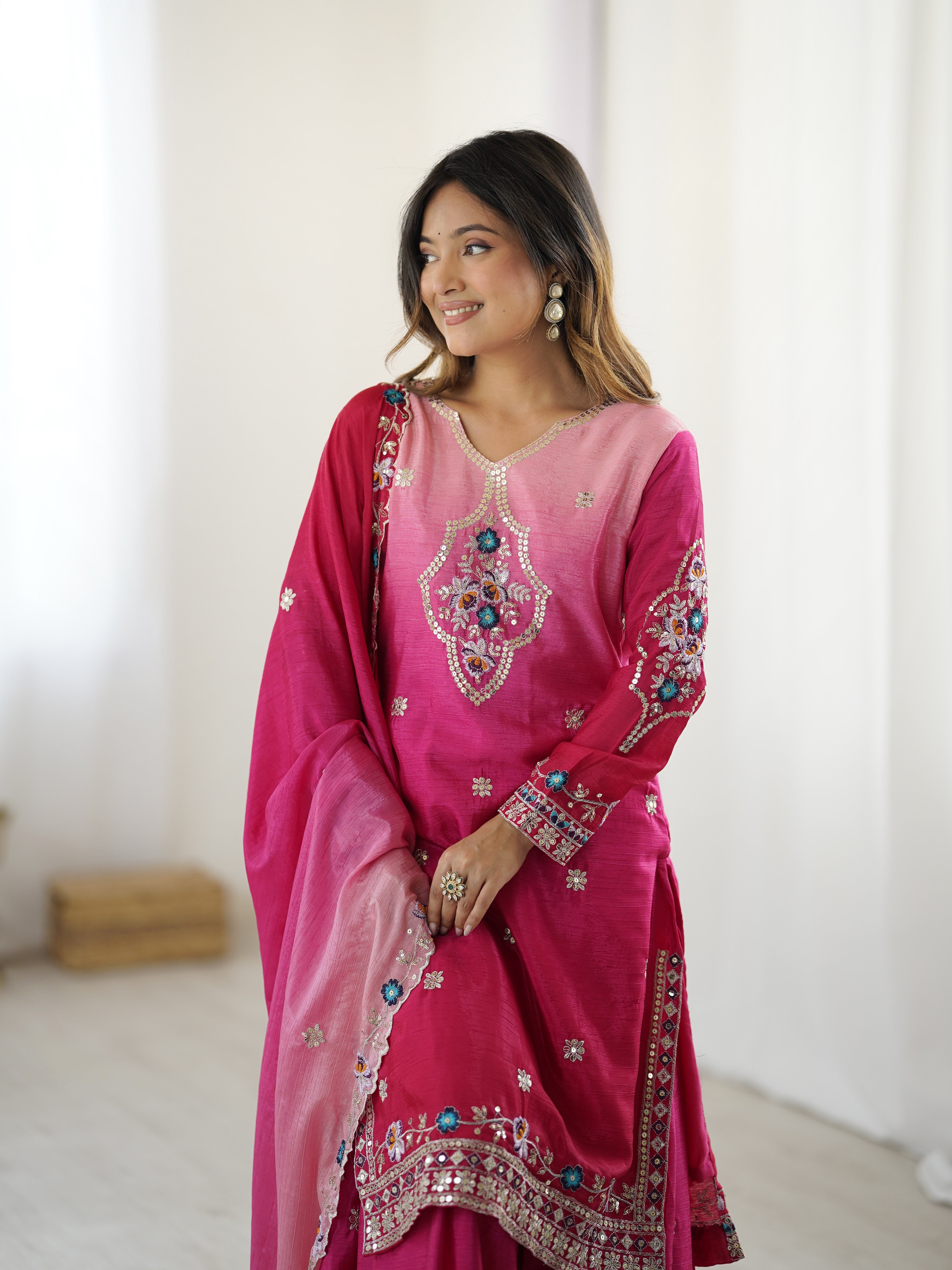 Latest pink sharara suit with heavy embroidery for girls