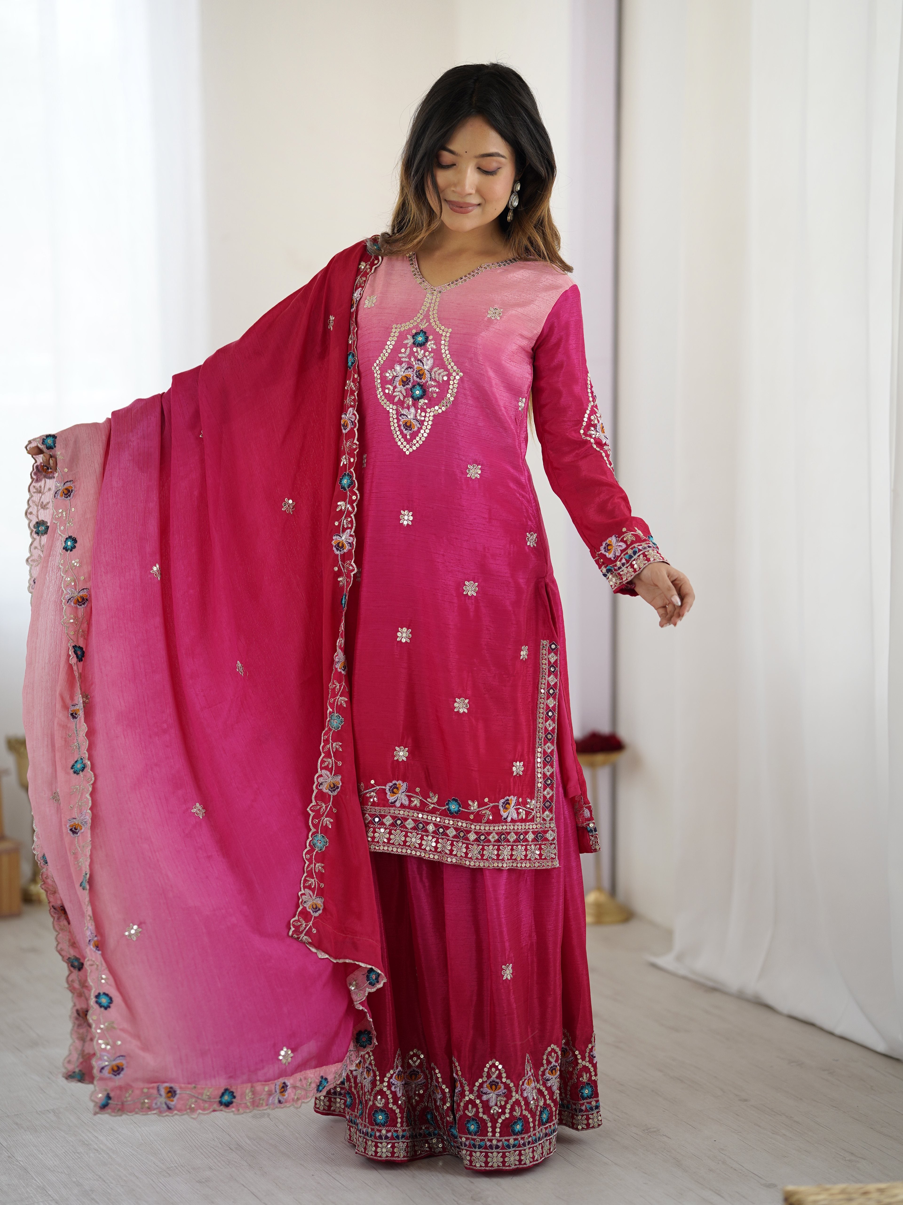 Stylish pink sharara suit for bridal wear with dupatta