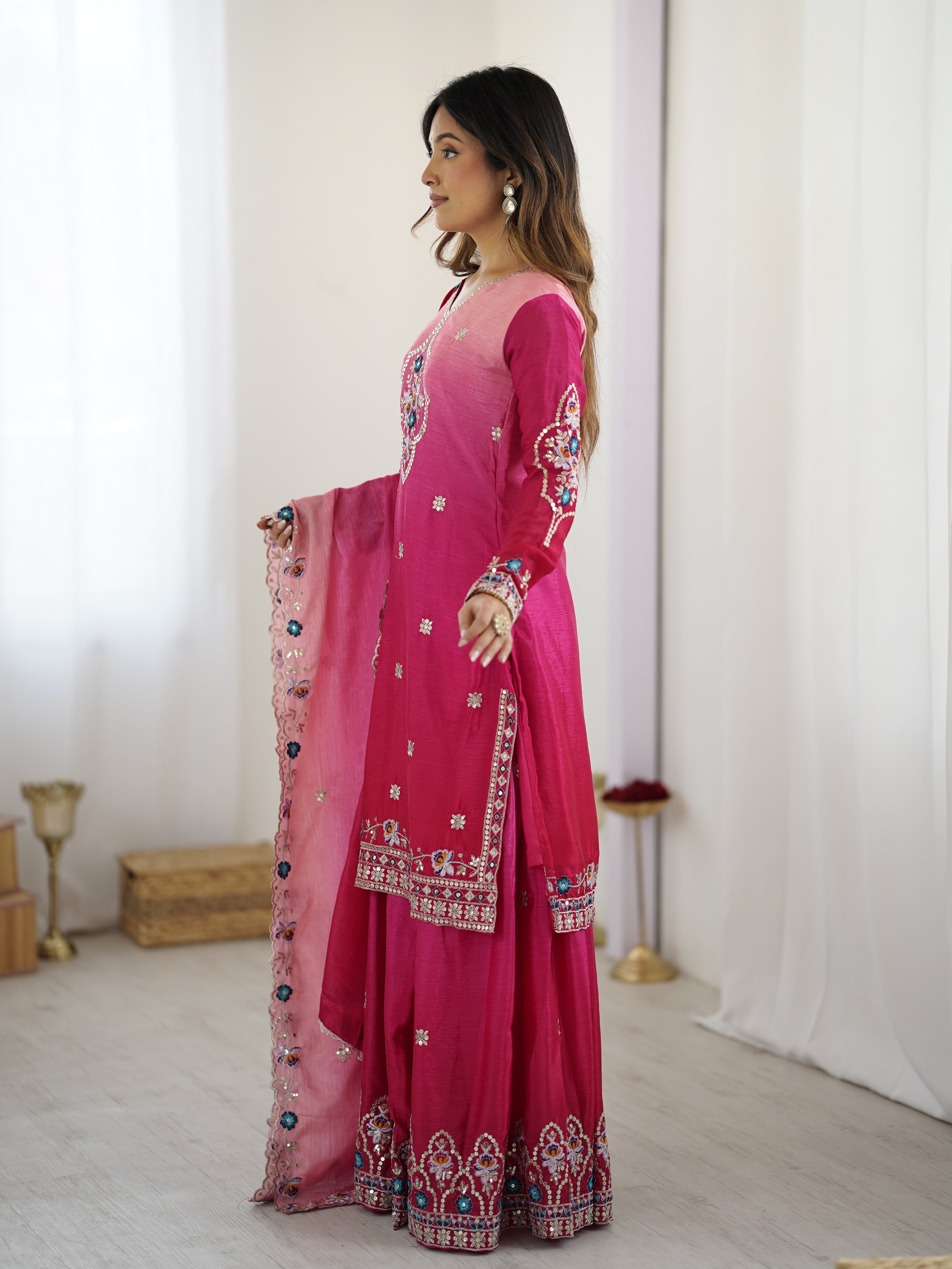 Real georgette pink sharara suit for women stitched