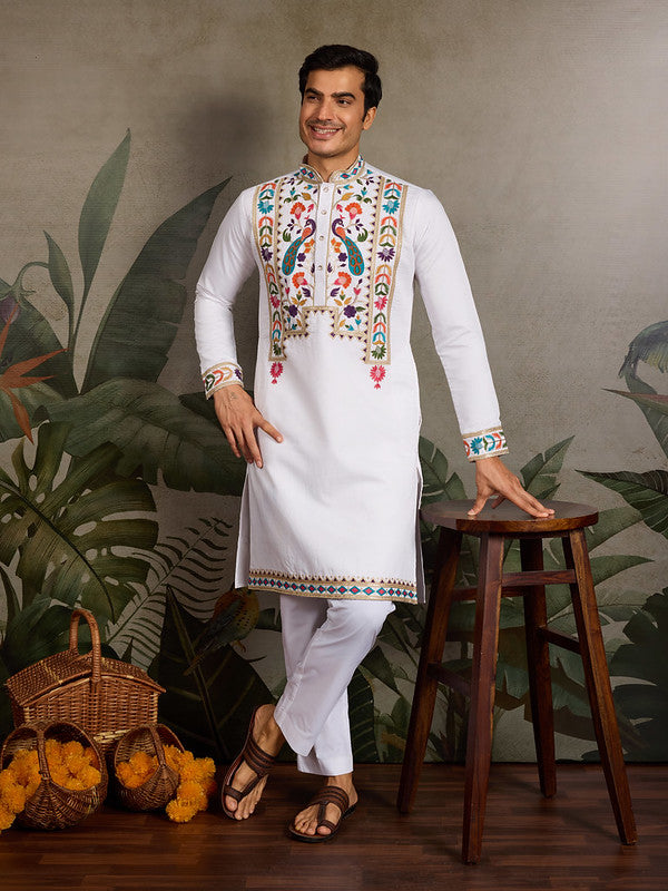 White Embroidered Kurta for Men