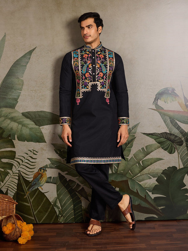 Black Embroidered Kurta for Men
