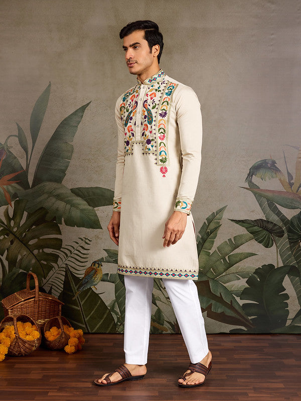 Beige Embroidered Kurta for Men