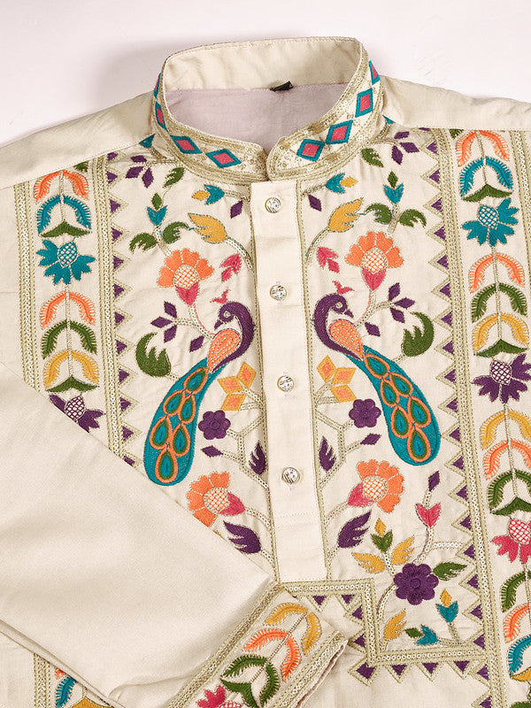 Beige Embroidered Kurta for Men